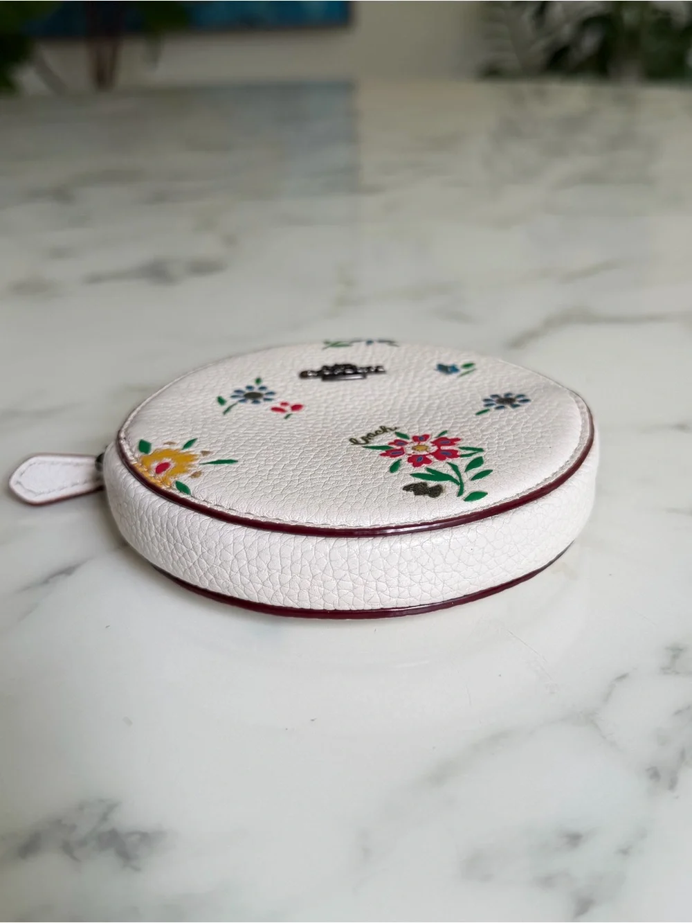 Coach Round Coin Case With Wildflower Print Chalk Floral Pebble Leather 1357